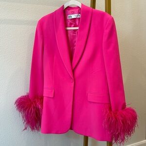 Zara Pink Feather Cuff Blazer